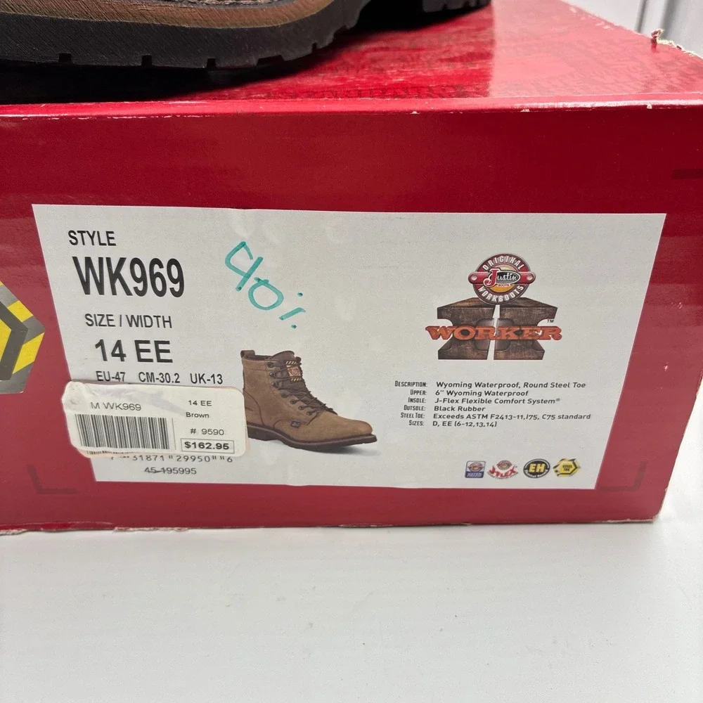 Justin Original Workboots WK969 Men 14EE Brown Leather Steel Toe Waterproof Boot